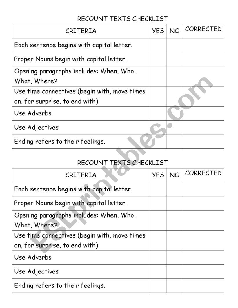 Recount Text Checklists worksheet