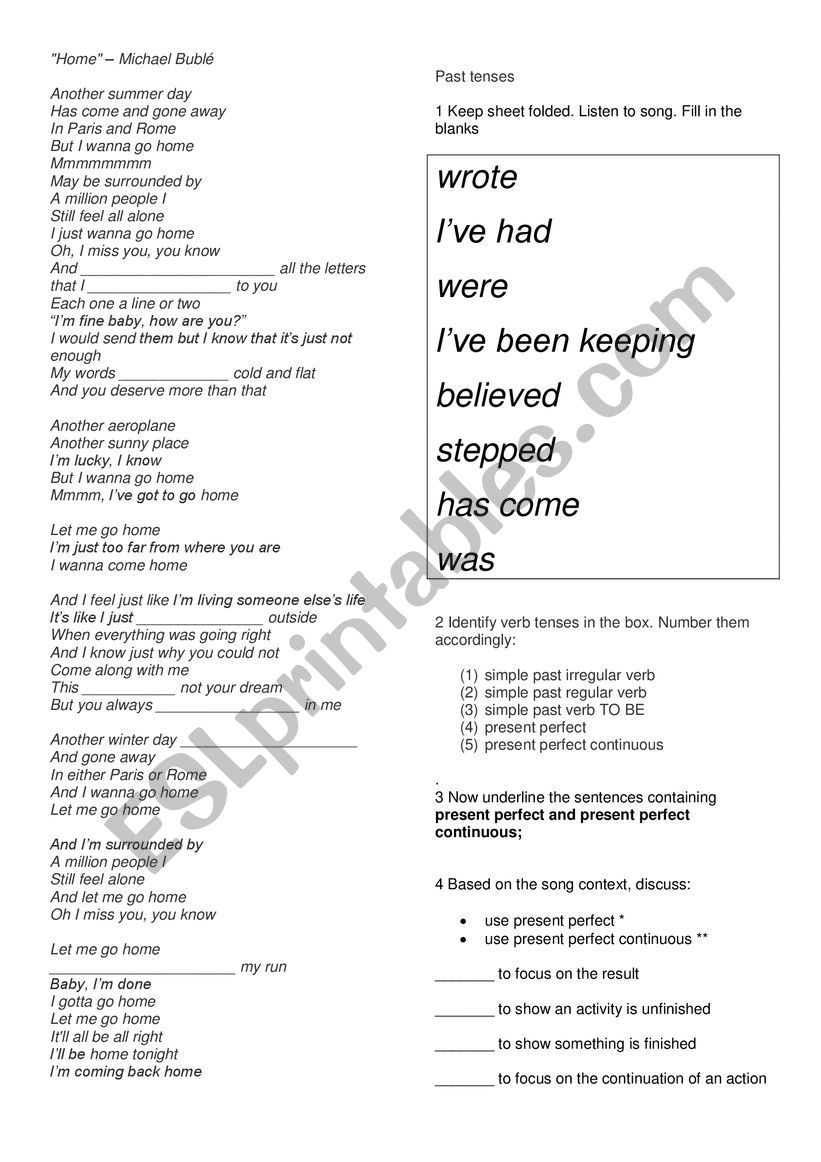 Michael Buble - Home song and nurser…: English ESL worksheets pdf