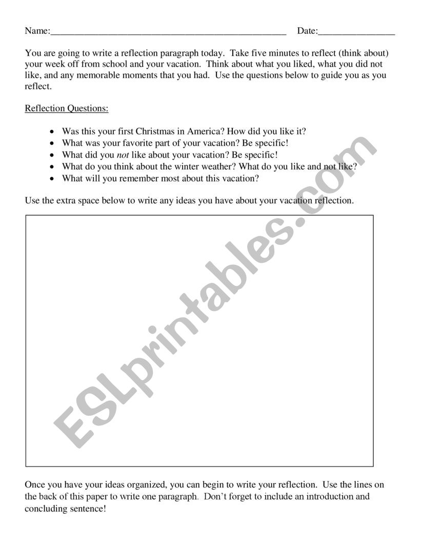 Christmas Vacation Reflection worksheet