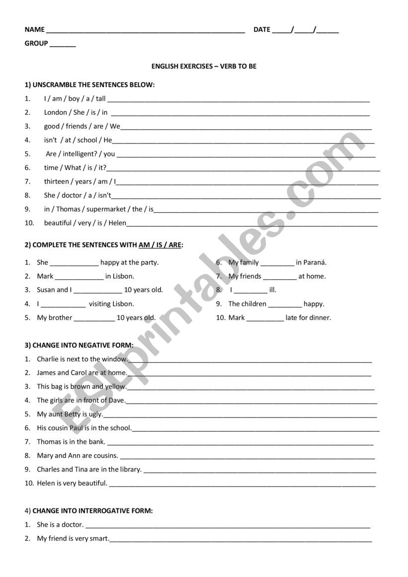 Verb TO BE worksheet