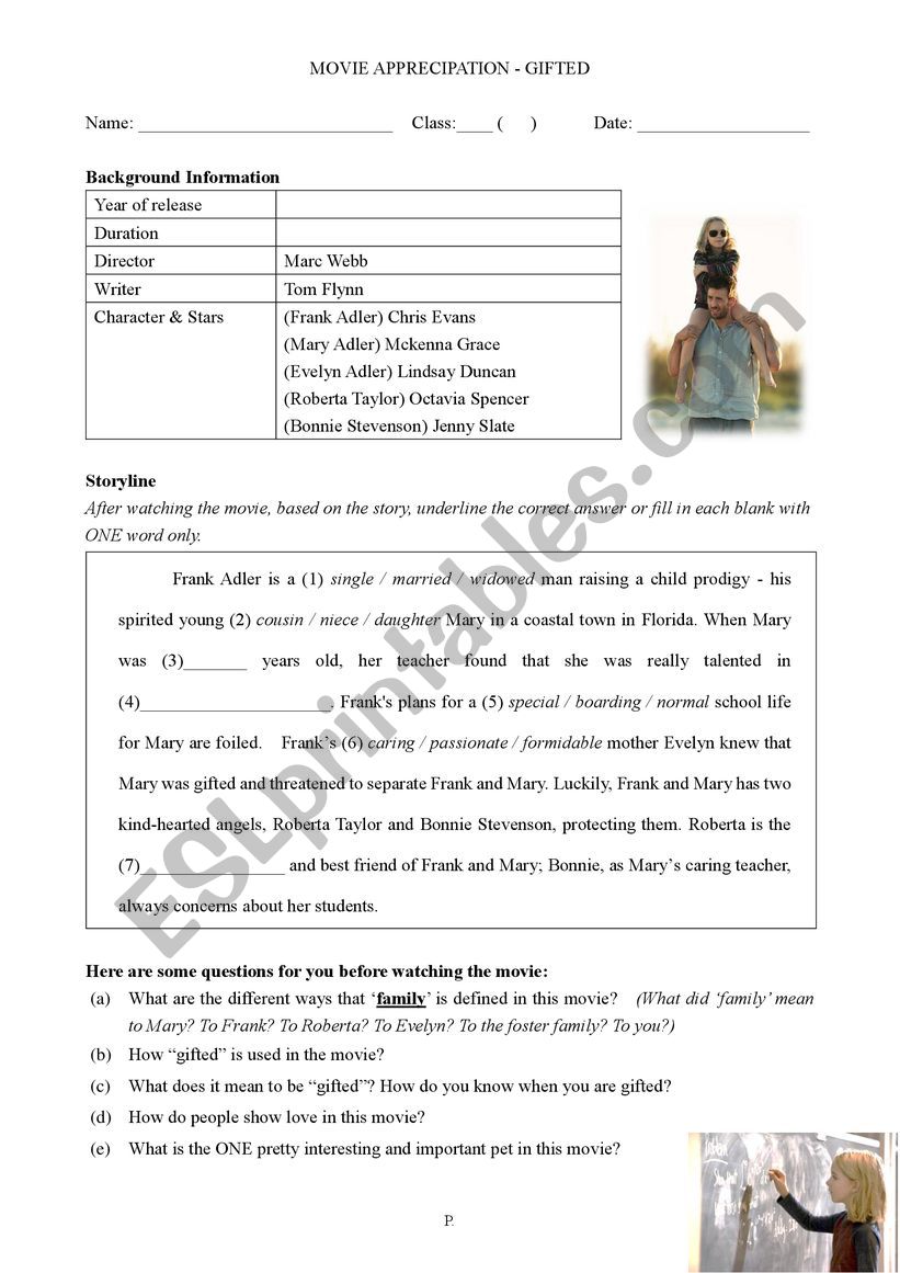 Moive_Gifted worksheet