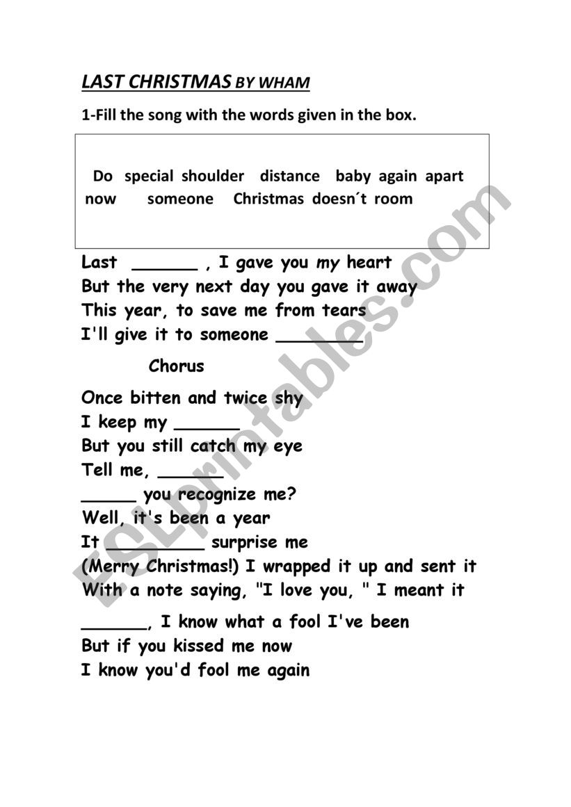 LAST CHRISTMAS BY WHAM worksheet