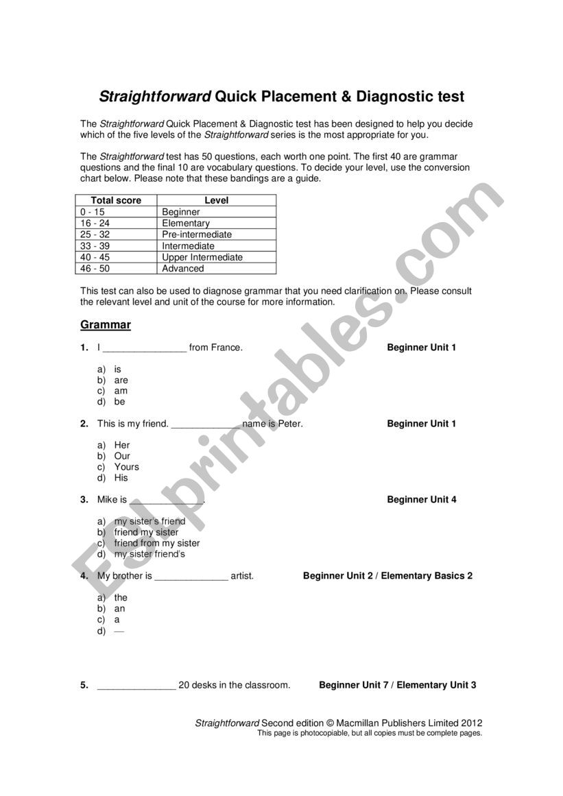 Placement Test worksheet