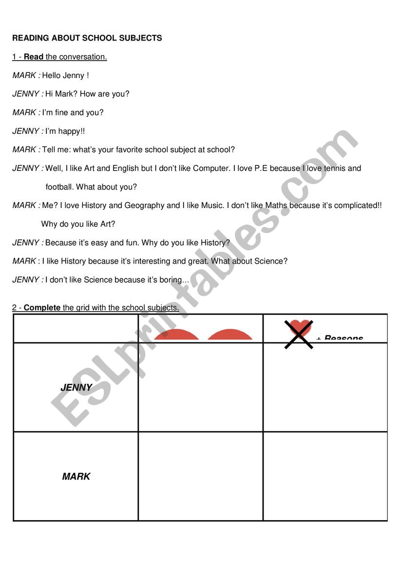 SCHOOL SUBJECTS (READING) worksheet