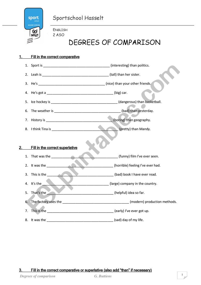 Degrees of comparisoon worksheet
