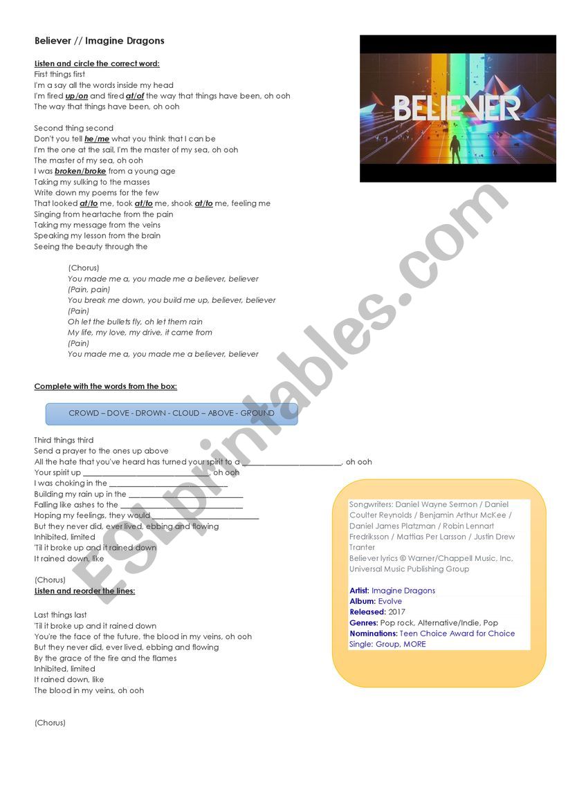 Song Believer Imagine Dragons Esl Worksheet By Ana Vidal Rabassa - imagine dragons believer roblox id code 2019