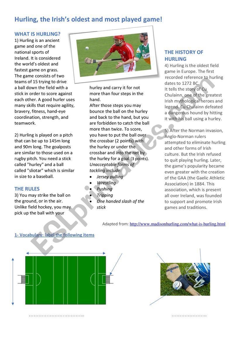 Hurling, the Irish´s oldest game - ESL worksheet by ben-deggoun