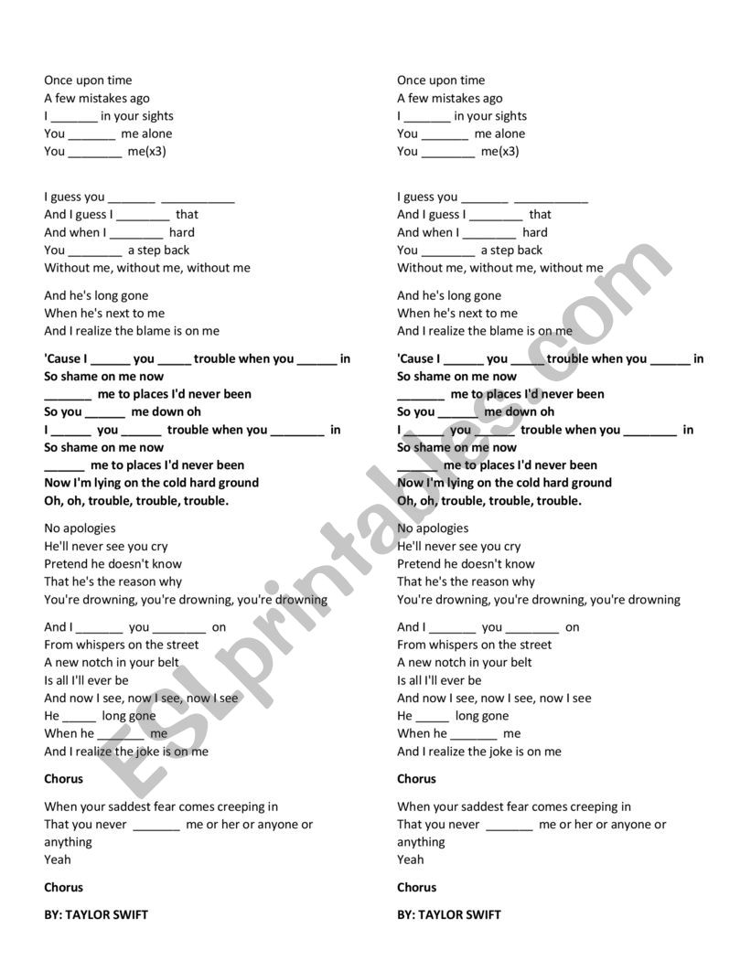 knew you were trouble song - ESL worksheet by Melisa PuCo