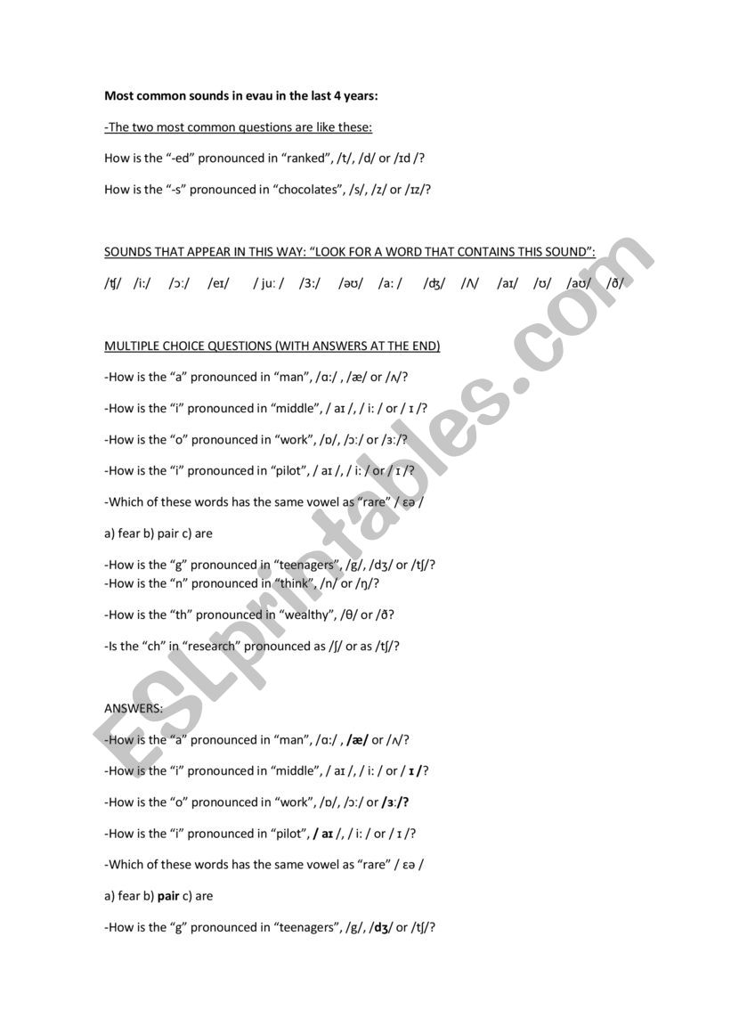 Phonetics for EVAU worksheet