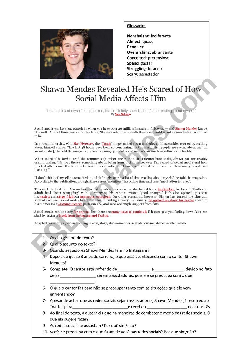 News about Shawn Mendes worksheet