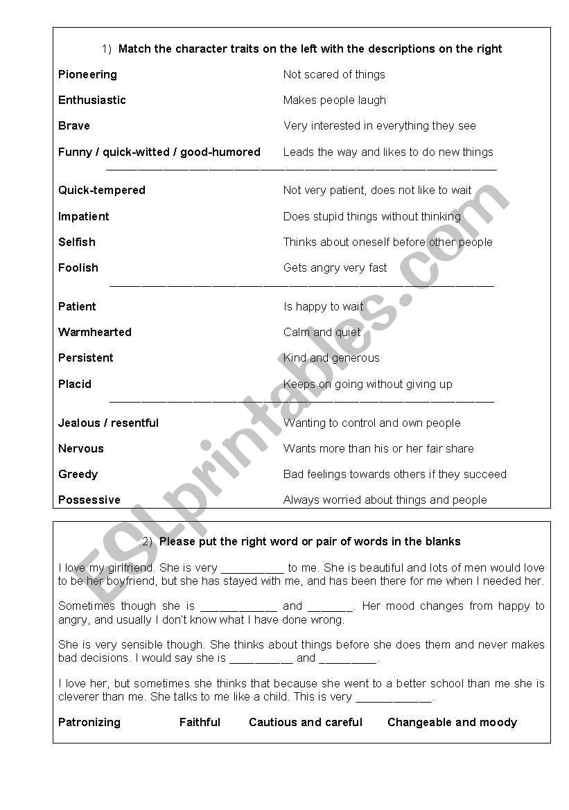 Character traits worksheet - ESL worksheet by matsubishi