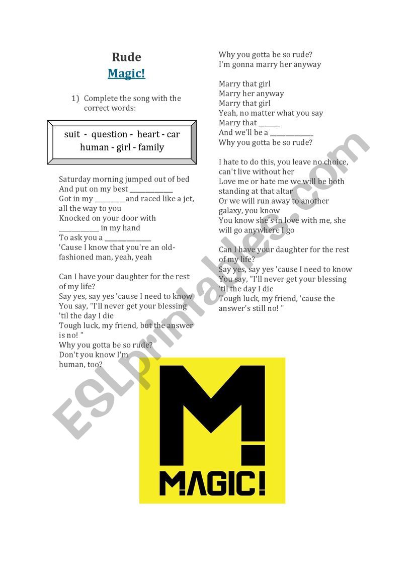 Song: Rude worksheet