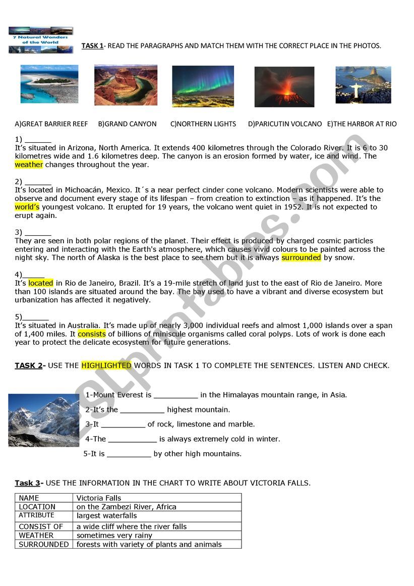 Natural Wonders worksheet