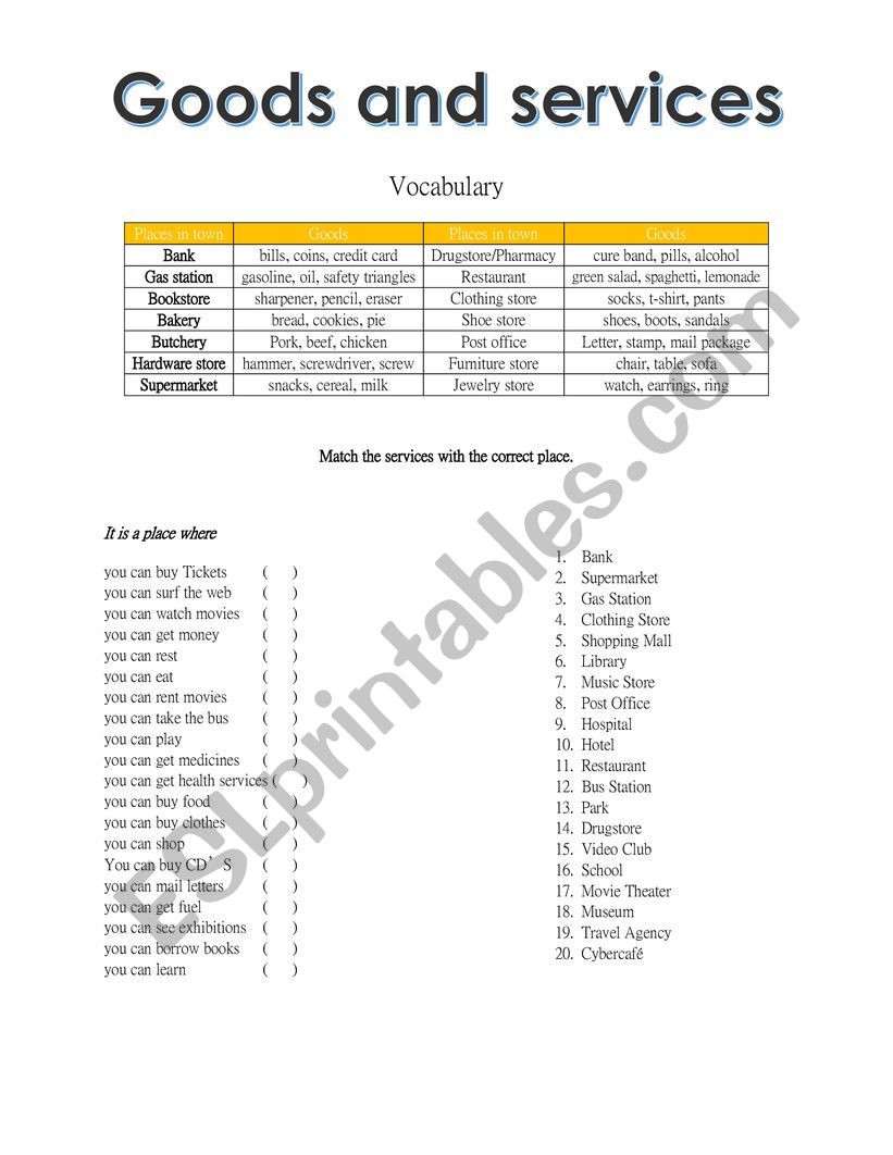 goods and services worksheet