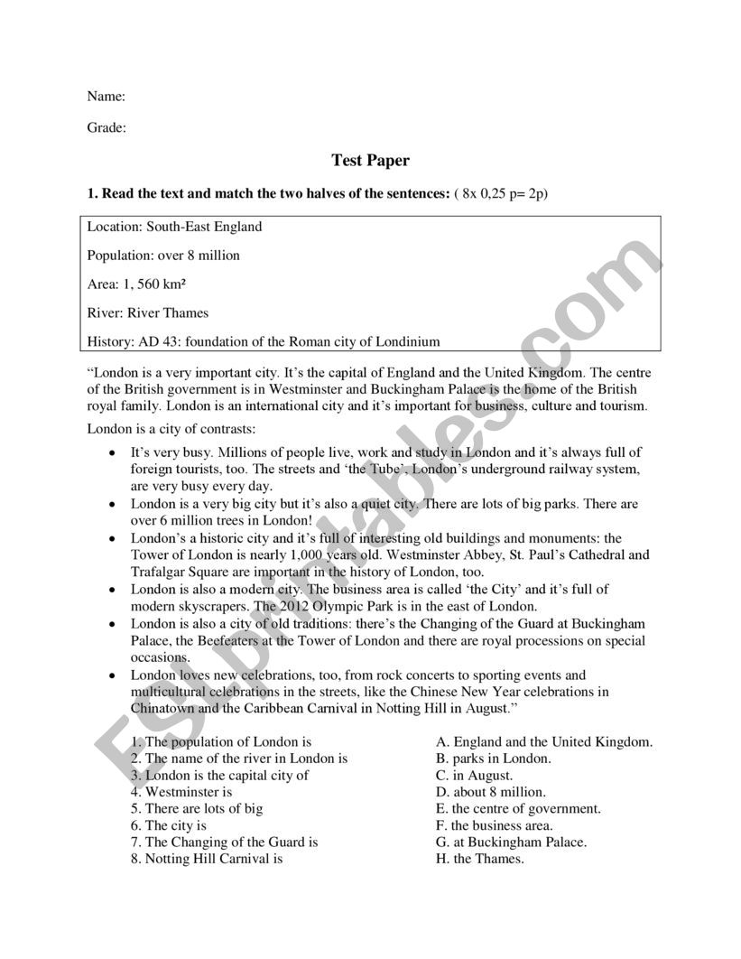 Test Paper Sixth Grade worksheet