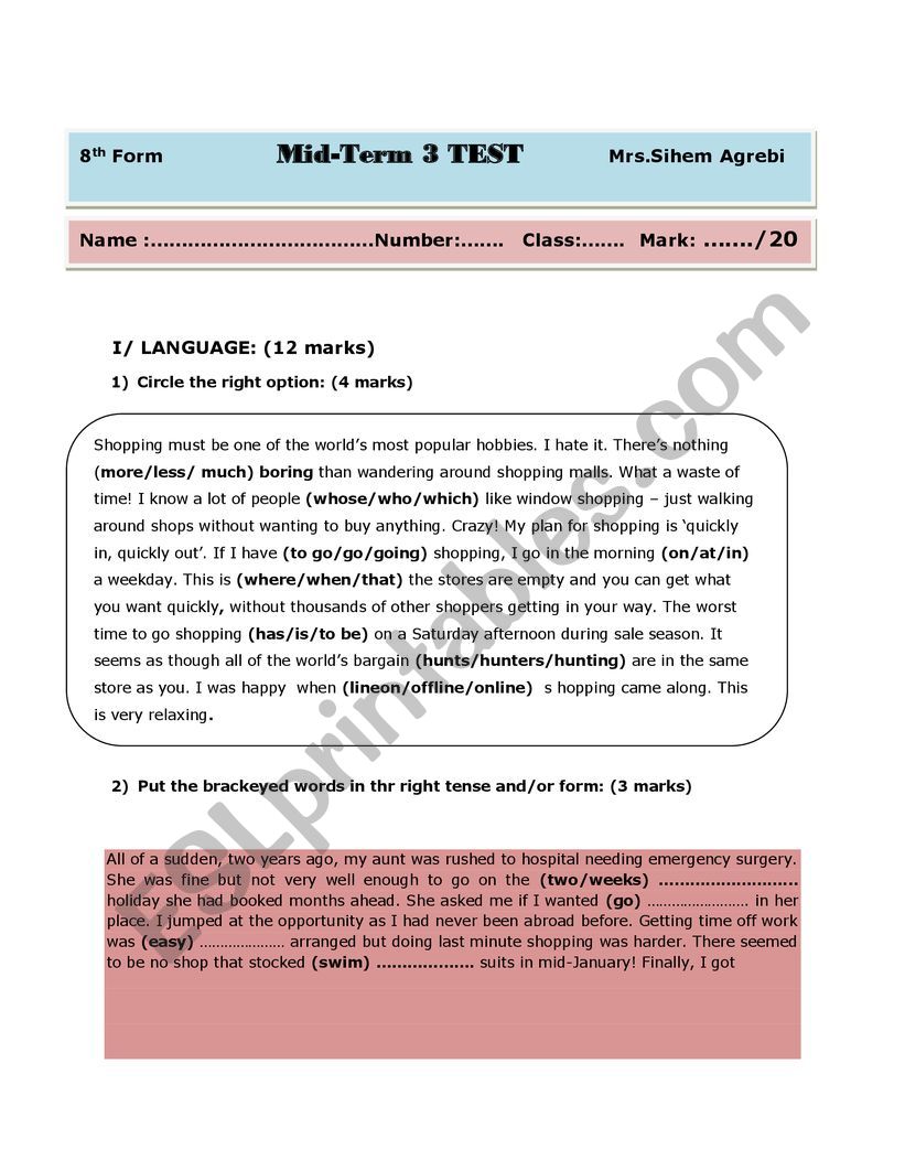 Mid term 3 test worksheet