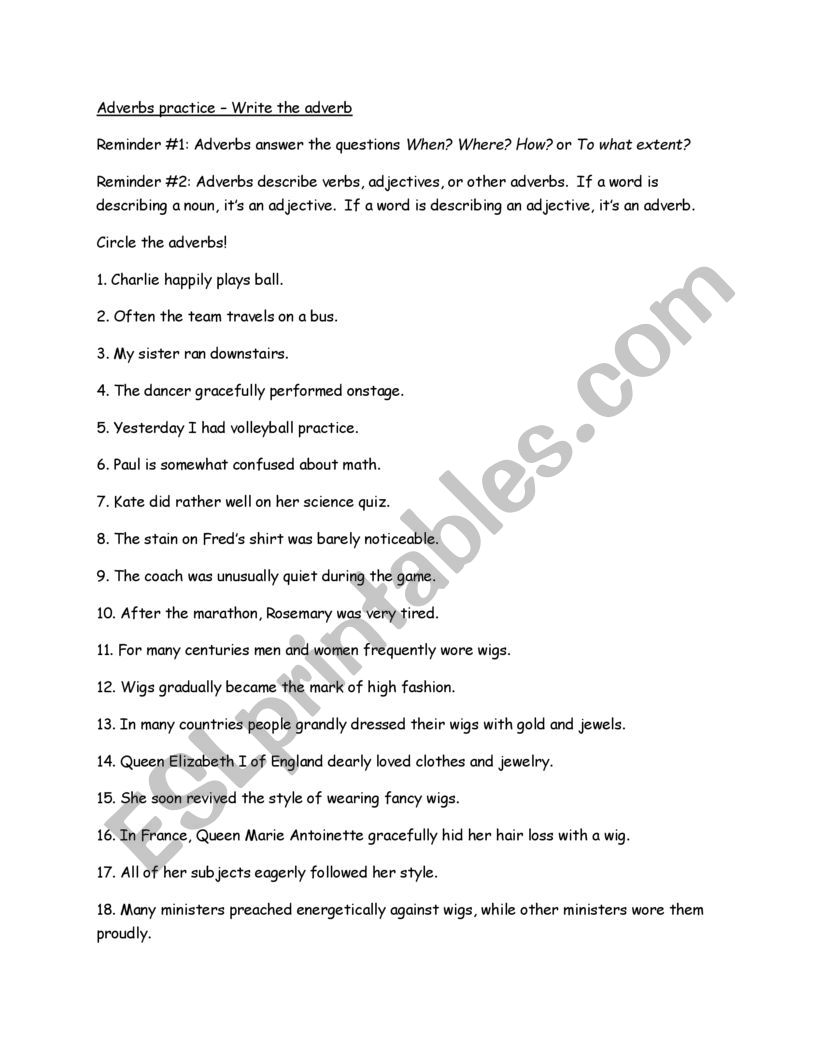 Adverbs worksheet