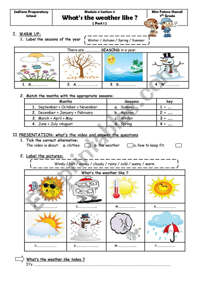 M4 S4 What´s the weather like ? part 1 - ESL worksheet by chicha.h12