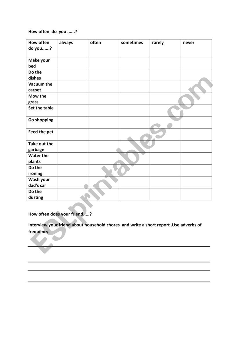 Household chores -handout worksheet