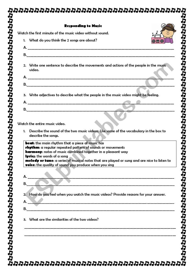 respnding to music 2 esl worksheet by li ann