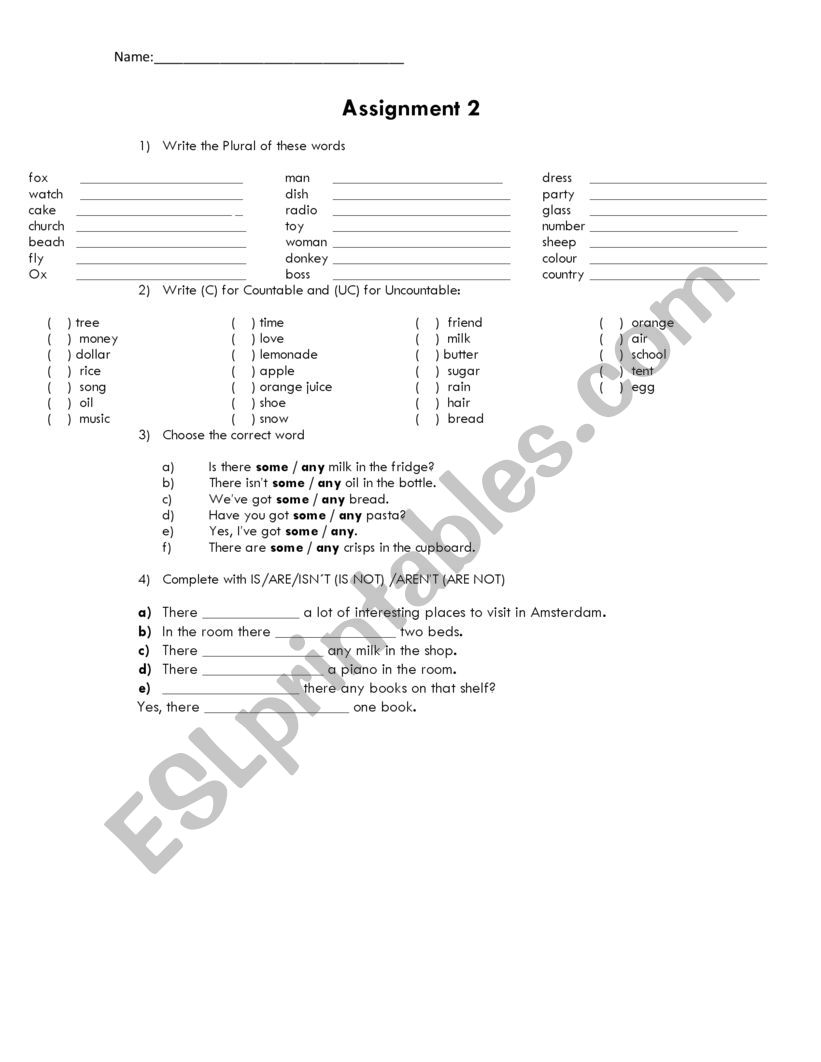 Countables and uncountables worksheet