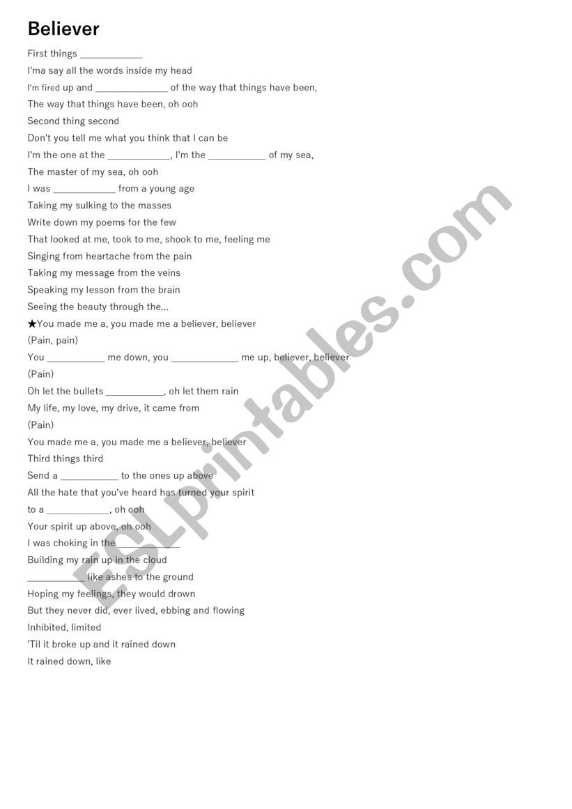 Believer By Imagine Dragons Lyrics Fill In The Blanks Esl Worksheet By Chao3104