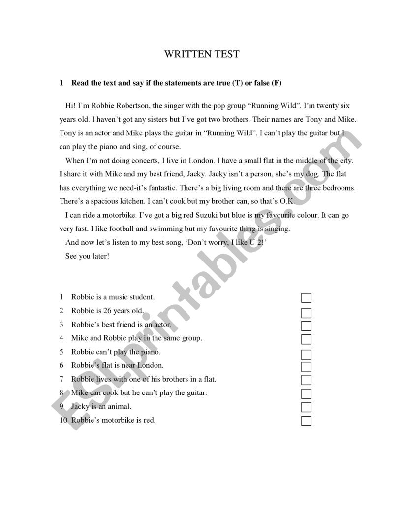 Fifth grade Grammar Test worksheet