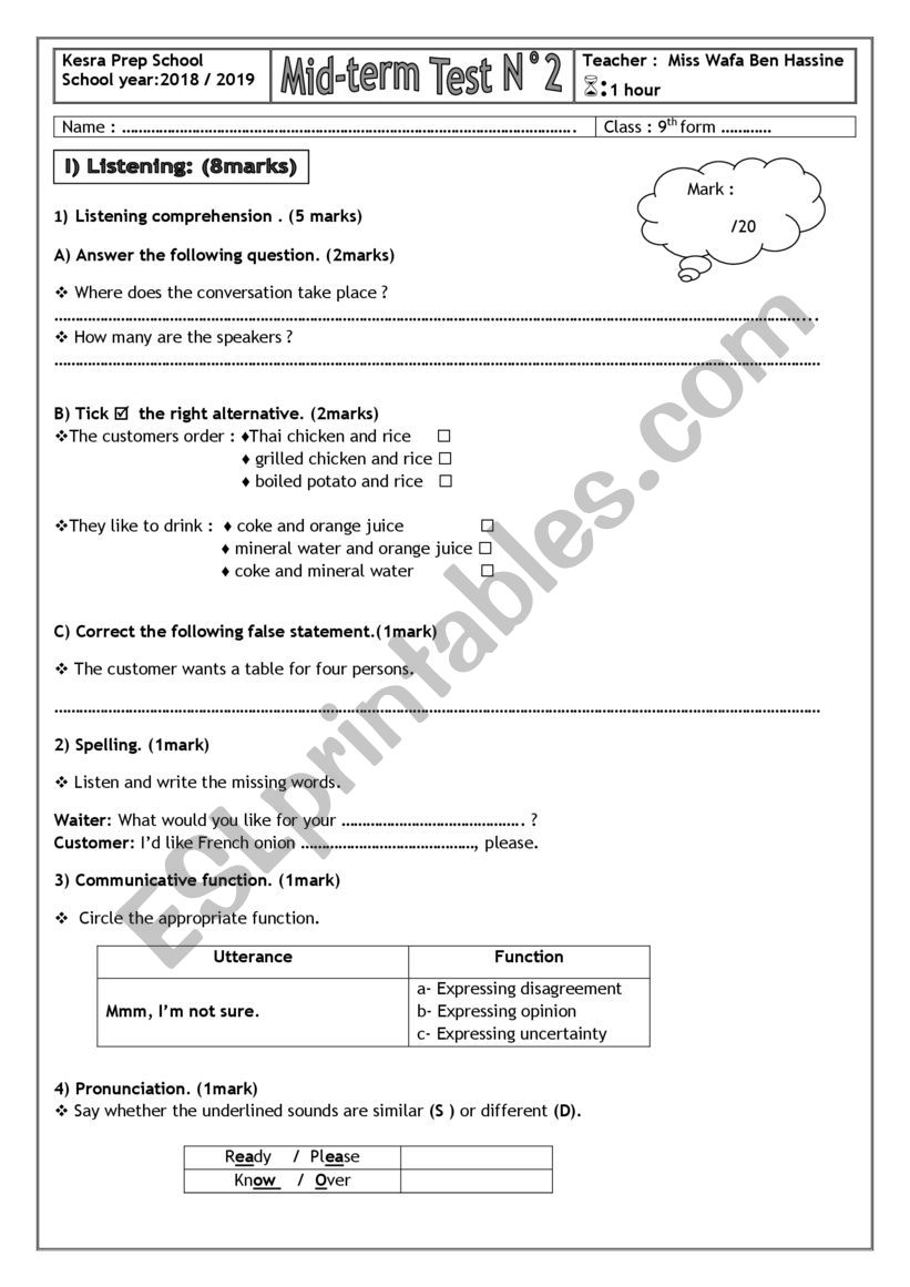 Mid-TermTest N2 (9thform) worksheet