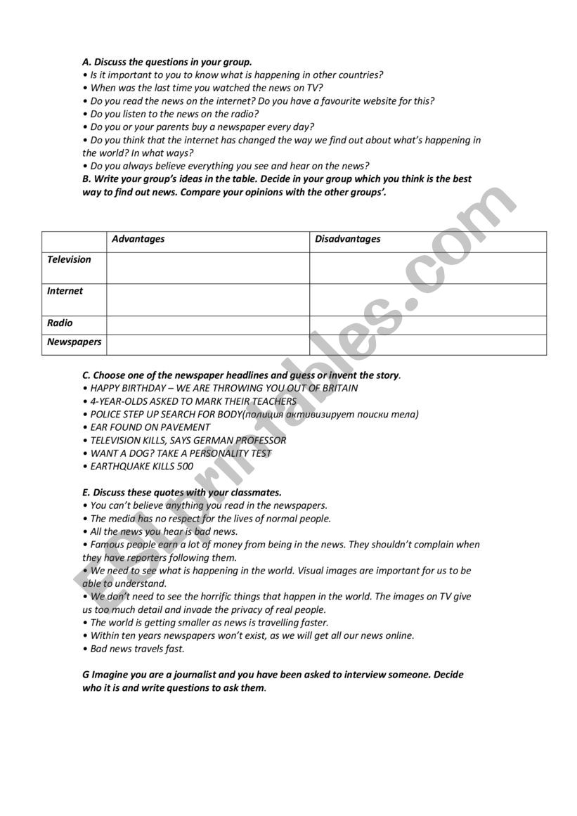 Newspapers worksheet