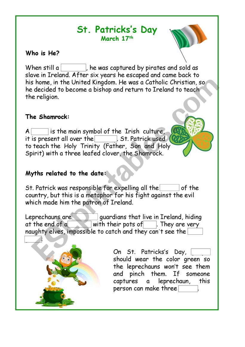 Saint Patrick fill in worksheet