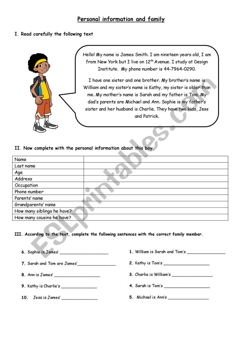 James family worksheet