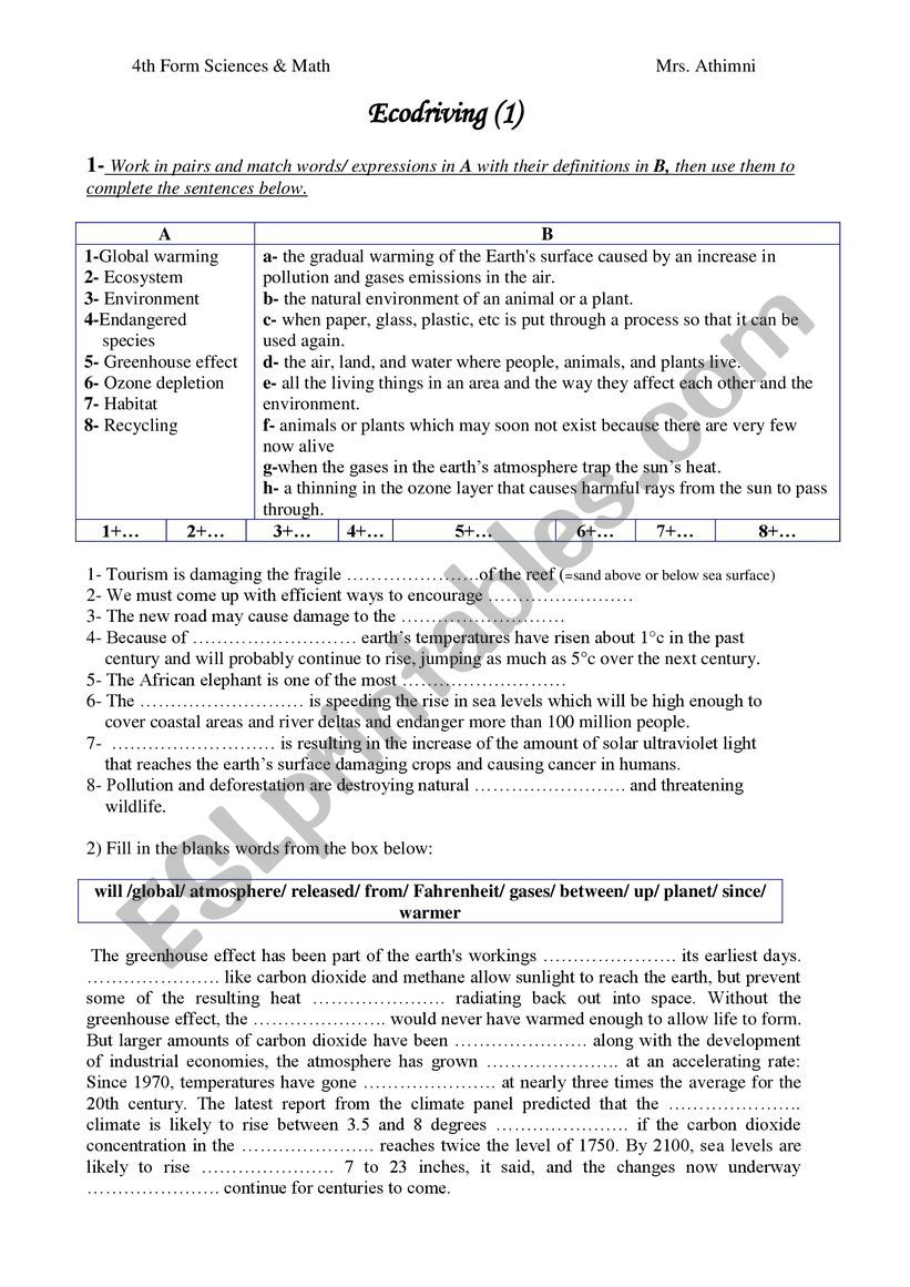 Ecodriving (part1) worksheet