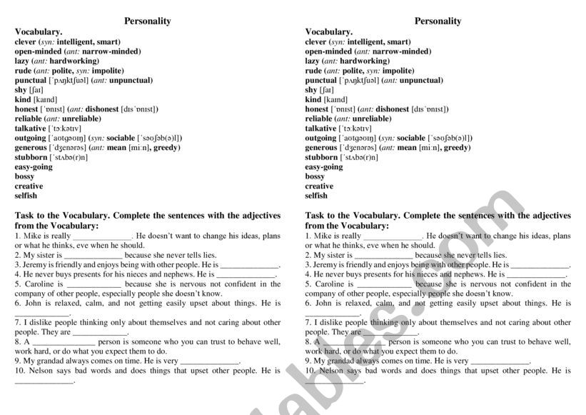 Personality Adjectives worksheet