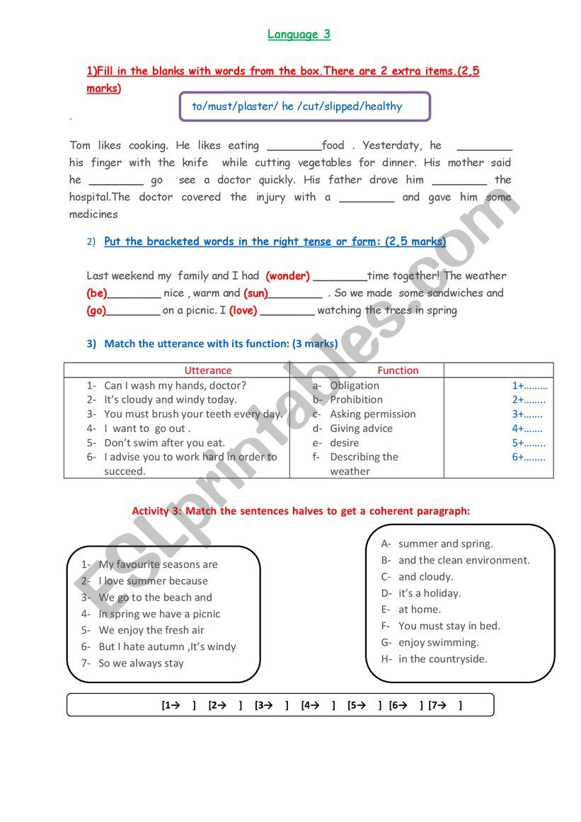 language tasks for 7th grade worksheet
