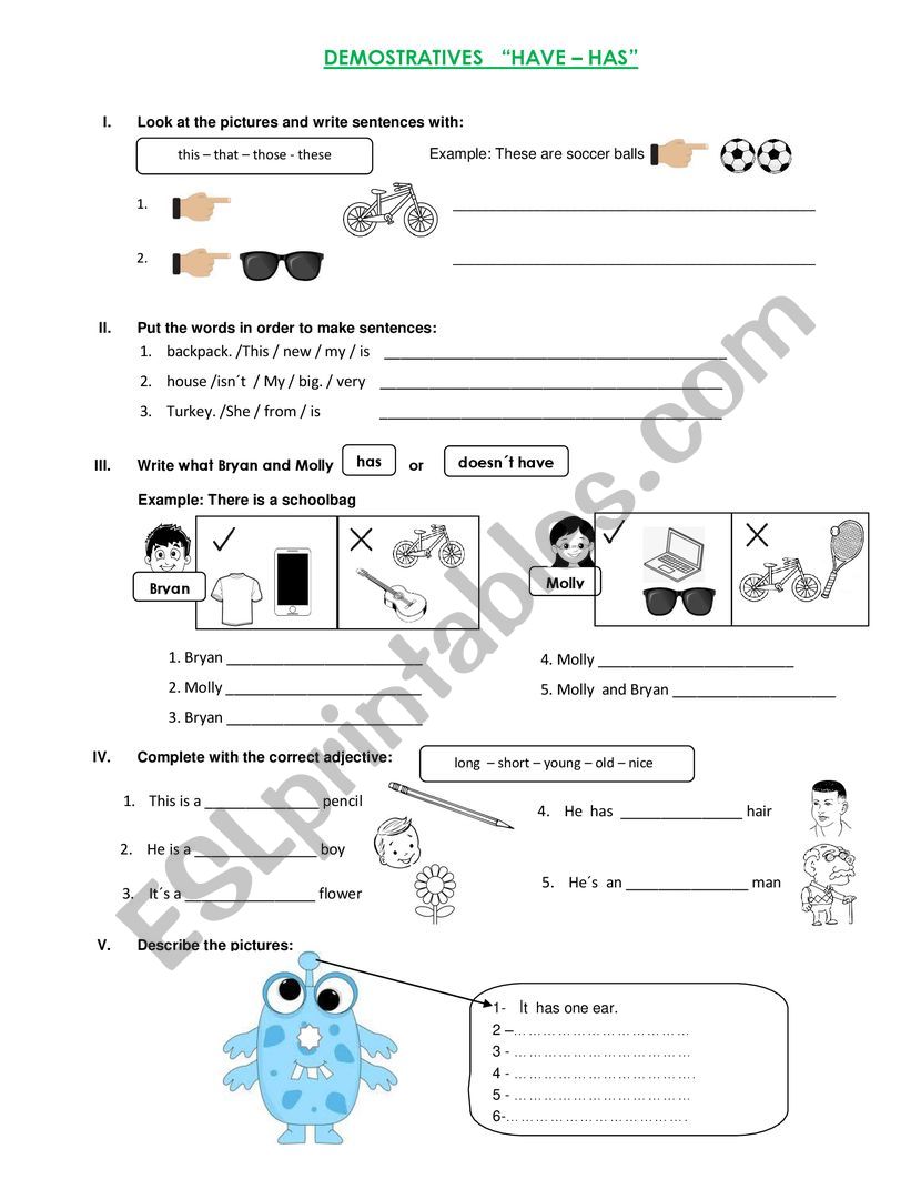 DEMOSTRATIVES   HAVE  HAS worksheet