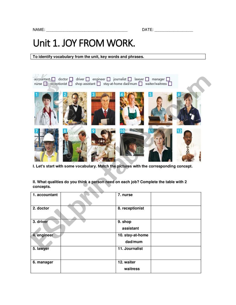 Handout Jobs worksheet