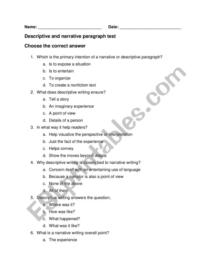 descriptive vs narrative paragraph esl worksheet by sugeile15