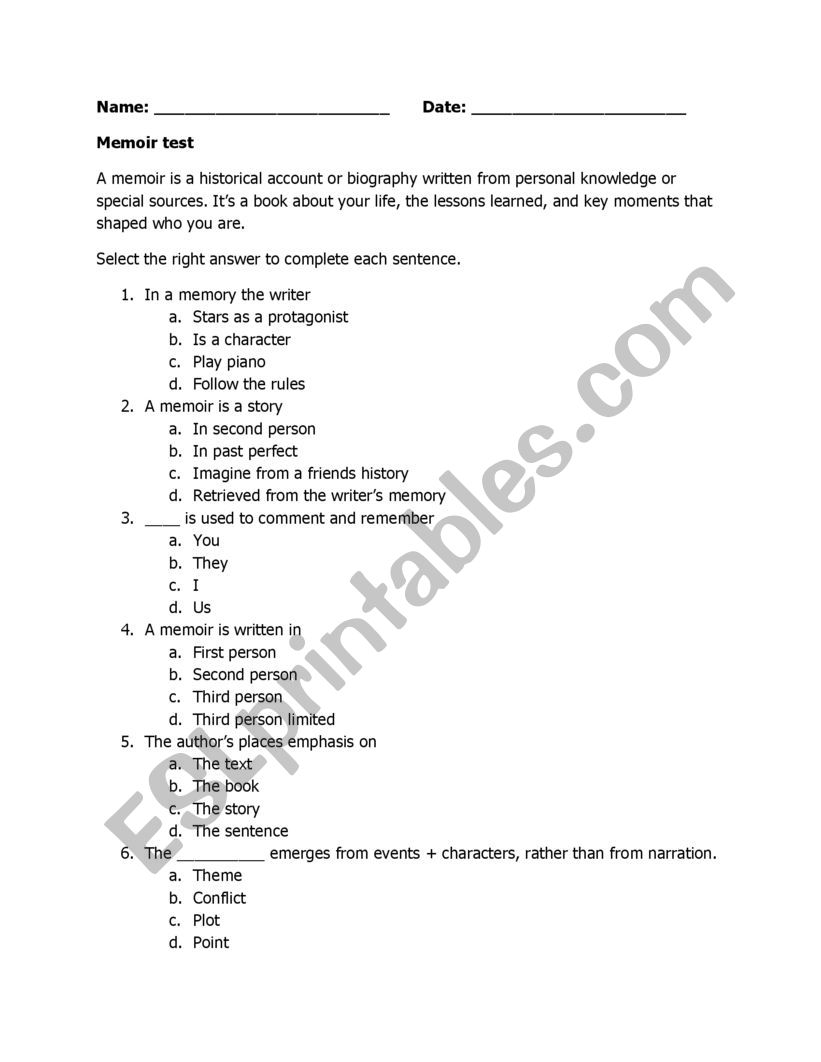 Memoir test worksheet