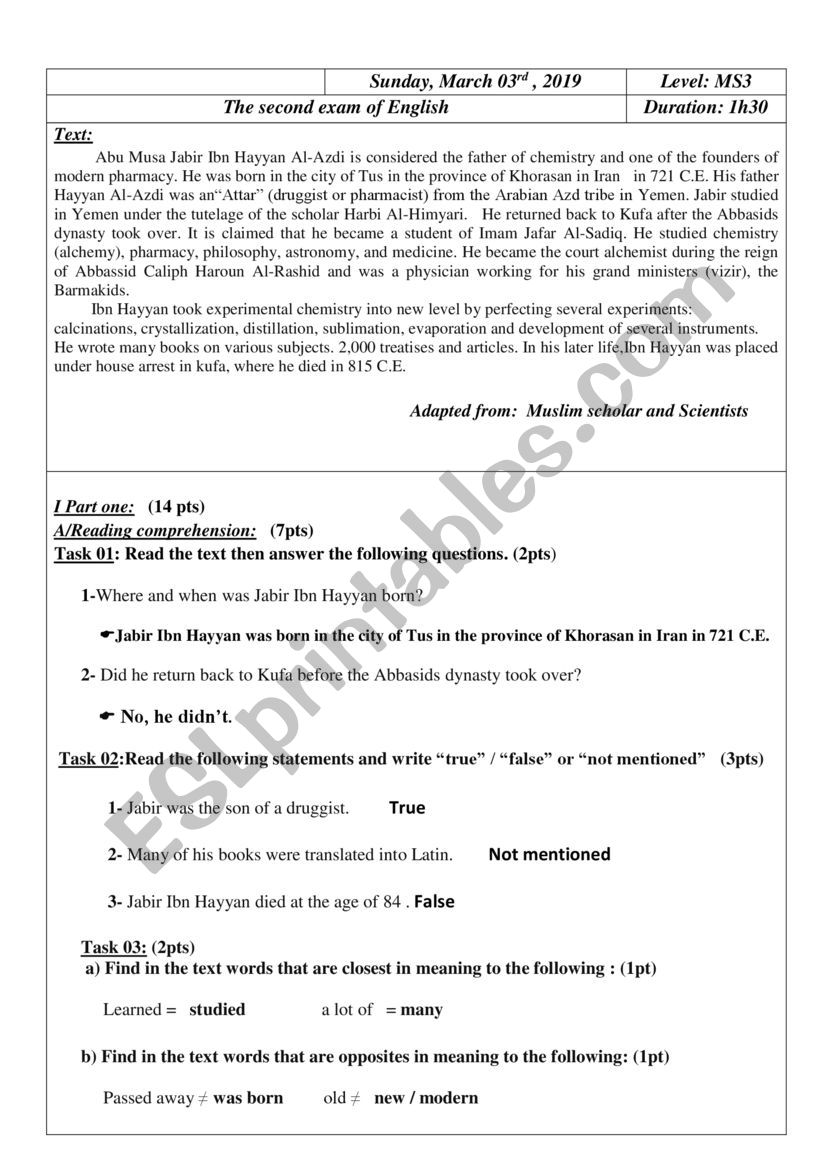 Jabber Ibn Hayyan worksheet