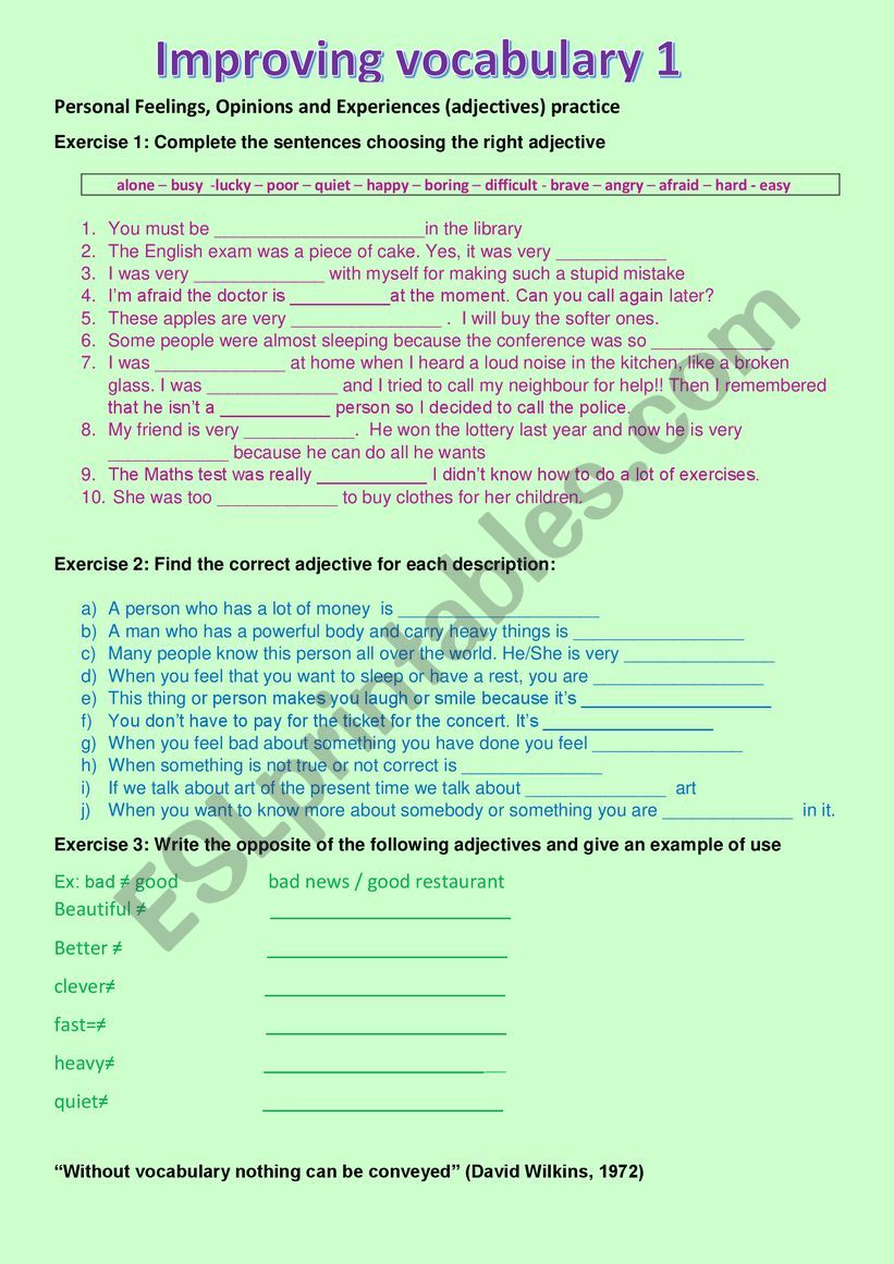 Improving Vocabulary 1 worksheet