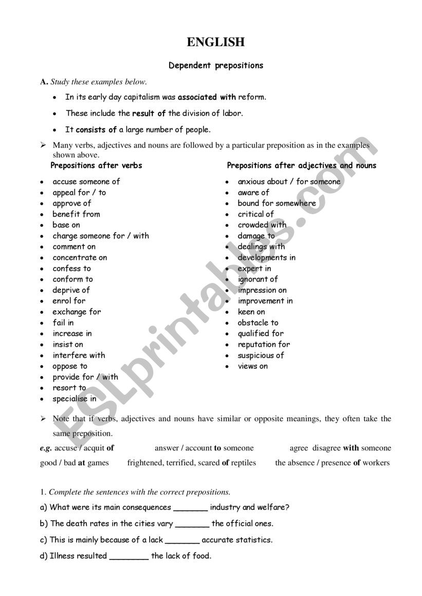 Dependent prepositions worksheet