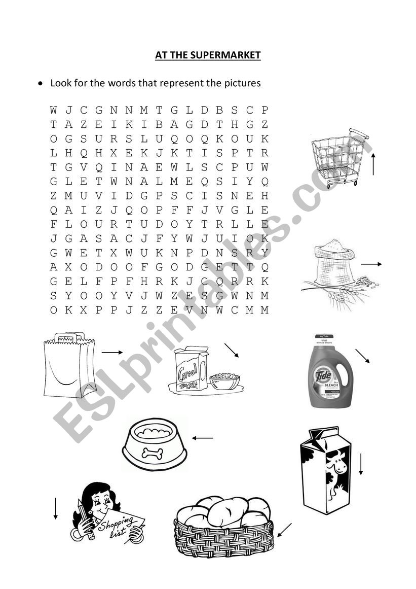 Wordsearch AT THE SUPERMARKET worksheet