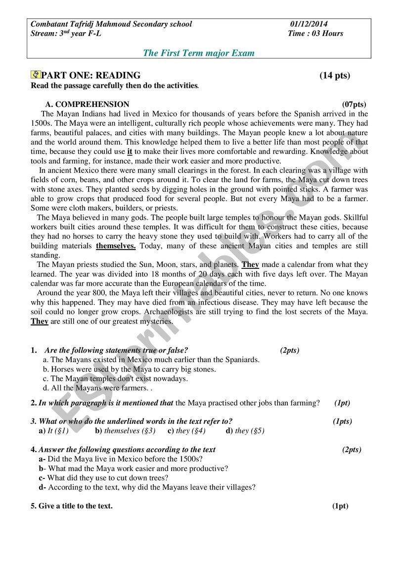 3rd year exam worksheet