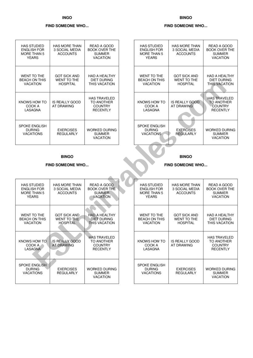 BINGO FIND SOMEONE WHO worksheet