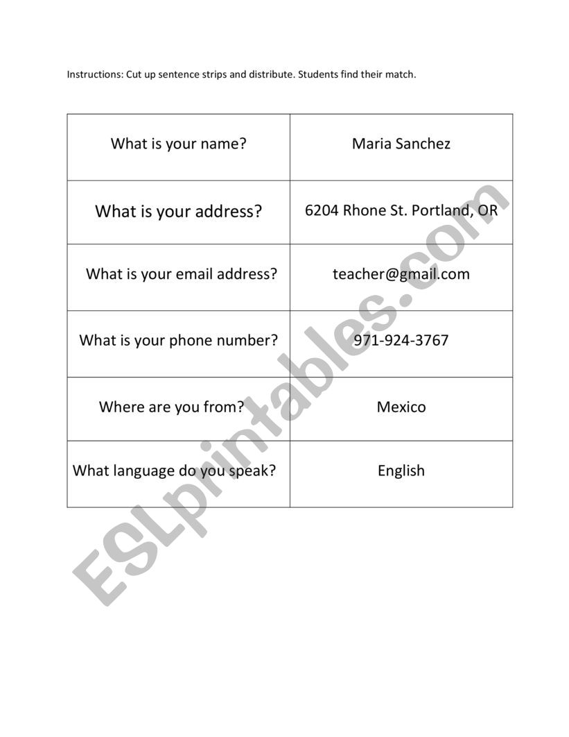 Sentence Strip activity for Adult beginners