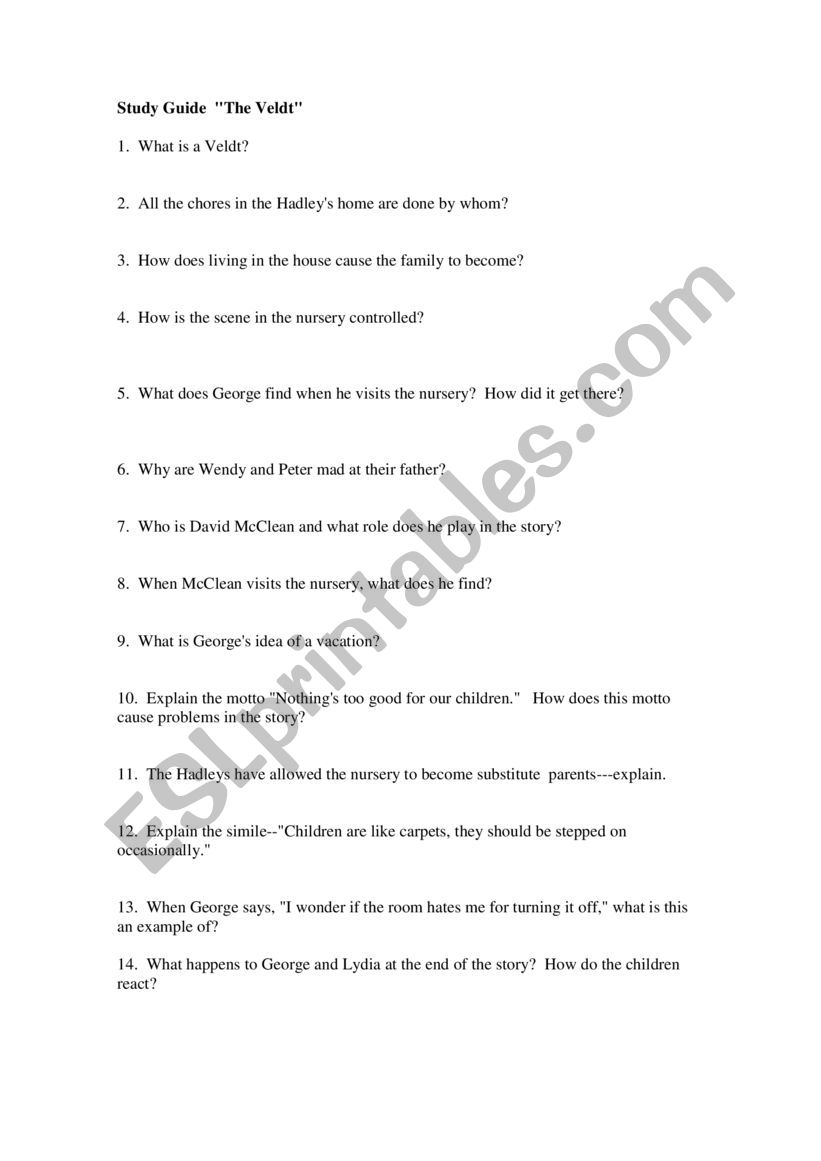 The Veldt - Study Guide worksheet