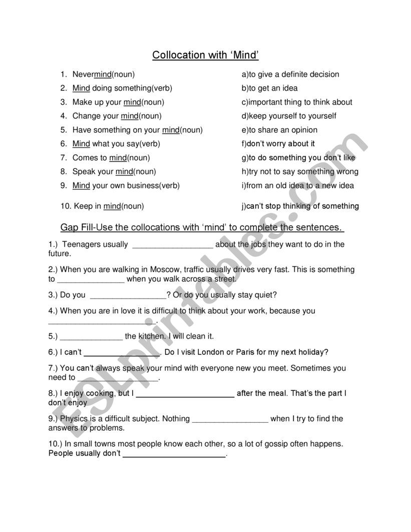 Expressions With Mind Matching And Discussion Questions Esl Worksheet By Toytanic