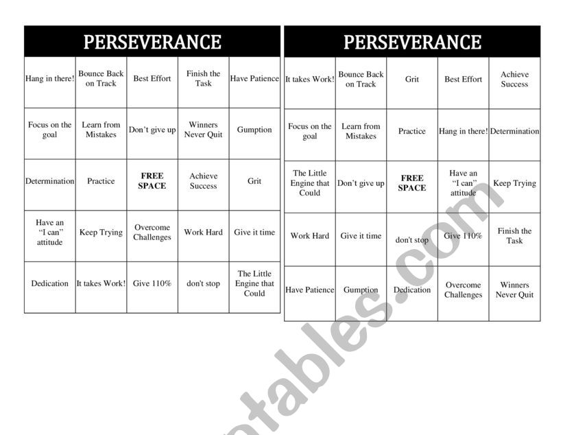 Perseverance Bingo worksheet