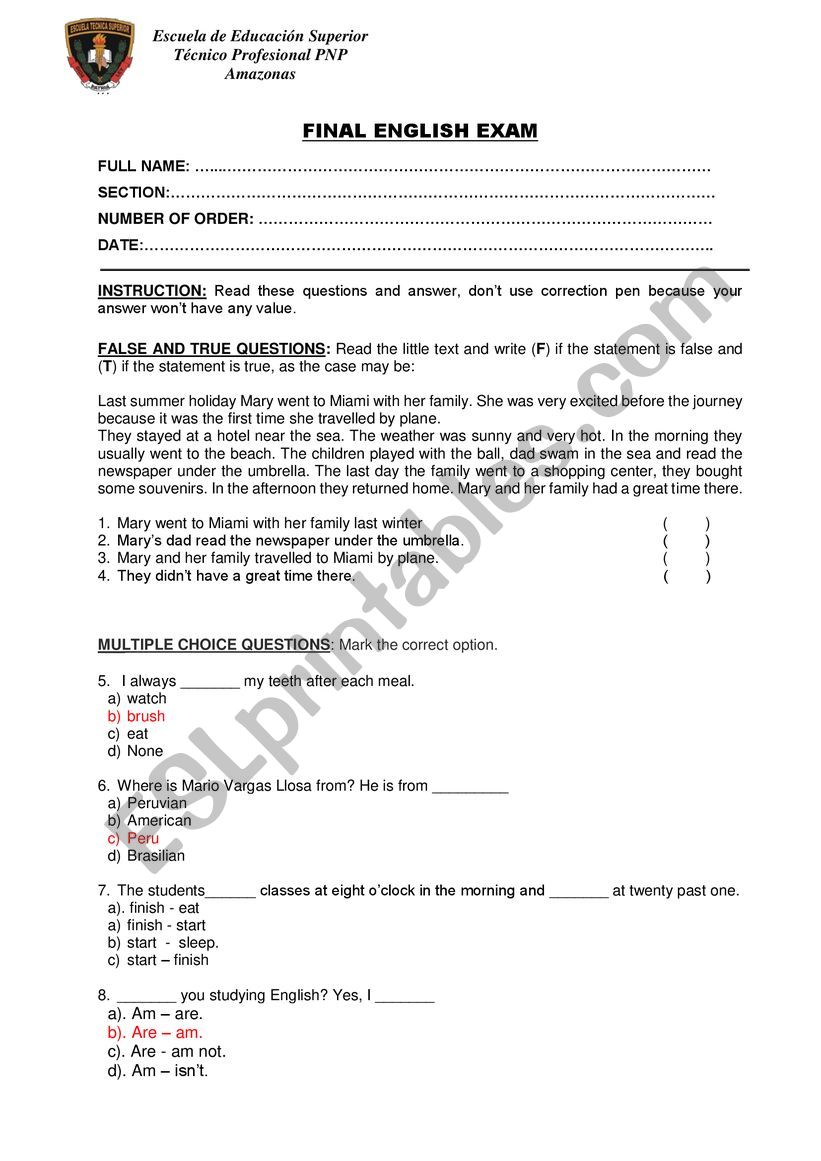 ENGLISH TEST 2019 worksheet