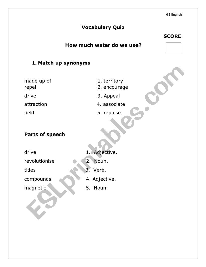 How much water do we use. Vocab quiz
